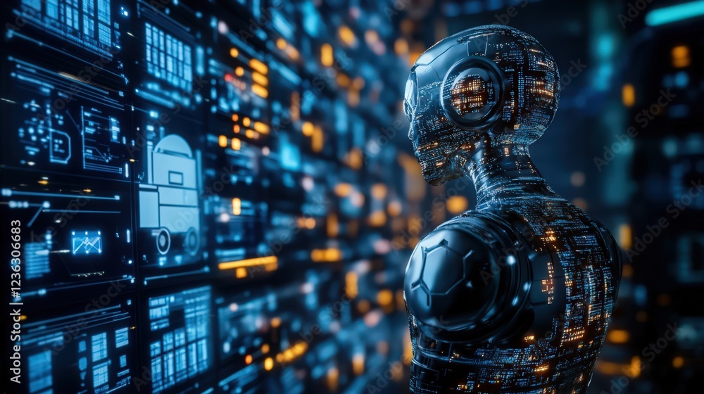 Poster futuristic robot observing a digital data stream, artificial intelligence concept
