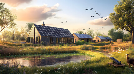 A tranquil rural environment with solar panels on homes, producing clean energy, while diverse wildlife roams freely in the surrounding fields.