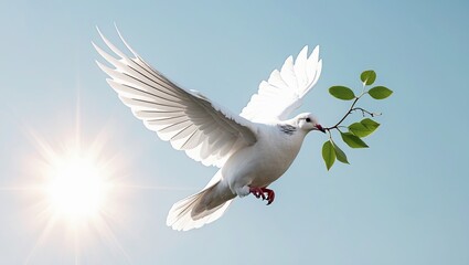 Obraz premium white dove flying in the sky. doves can be seen from afar. The dove is in left-flight, with its wings spread wide and its beak open as if it is about to take flight.