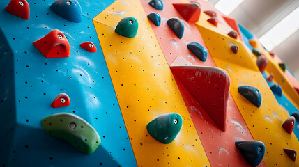 A colorful indoor climbing wall with red, blue, yellow, and green holds arranged in a vibrant pattern.