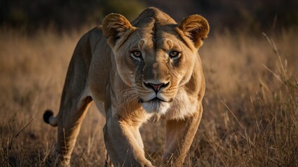 Naklejka premium Majestic Lioness Walking Towards Camera in African Savanna