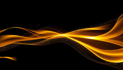 Abstract, flowing golden waves, fiery energy, smooth curves, black background, dynamic motion, glowing streaks, warm color palette, ethereal light trails, digital art, 3D rendering, fluid shapes, vibr