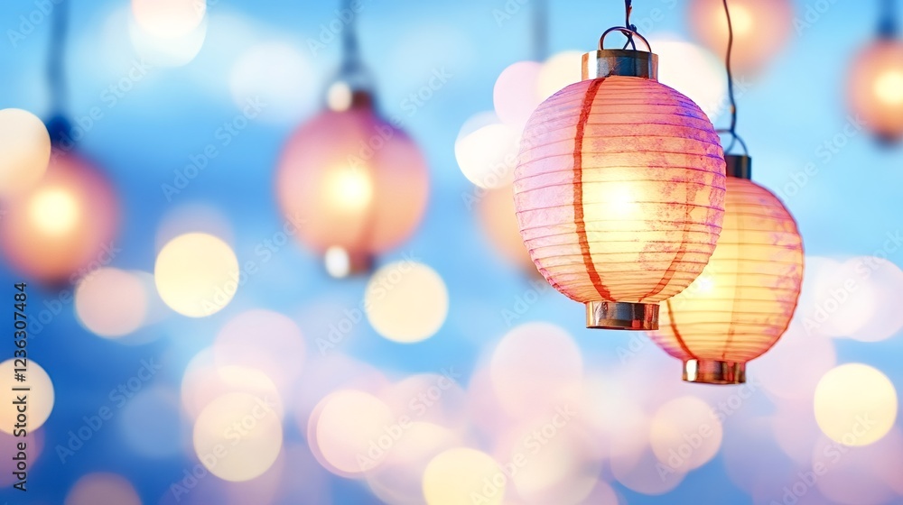 Poster round paper lanterns emitting a warm glow, hanging against a softly blurred background with bokeh, c