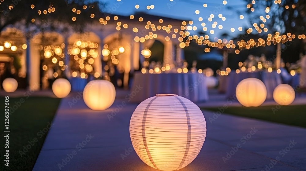 Poster round paper lanterns create a magical atmosphere, illuminating a blurred wedding reception at dusk, 