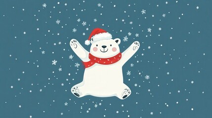 Cute Cartoon Polar Bear with Santa Hat and Scarf in Winter Scene