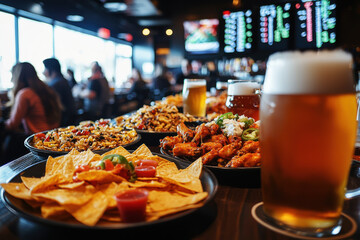 High-energy sports bar atmosphere with patrons enjoying food and drinks on a lively evening