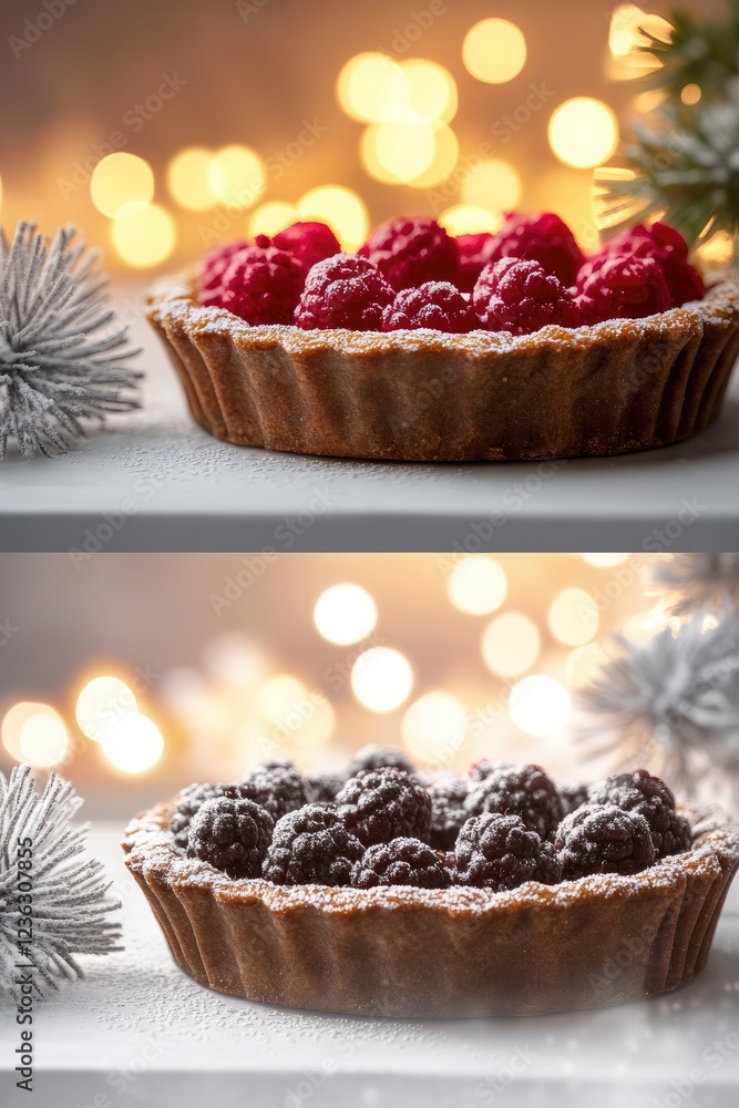 Poster delicious raspberry tart and chocolate tart displayed on a festive table with soft bokeh lights
