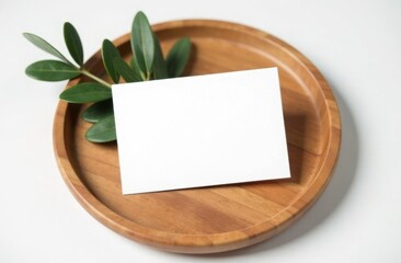 Blank paper card mockup on wooden plate with olive branch shadow on white background. High quality photo