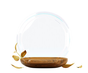 3d nature wood podium with glass circle frame, autumn leaves isolated on transparent background png...
