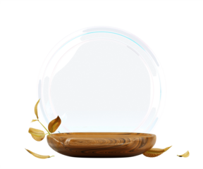 3d nature wood podium with glass circle frame, autumn leaves isolated on transparent background png render. Fall product promotion beauty cosmetic wooden display, minimal showcase. 3D illustration