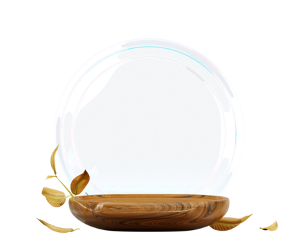 3d nature wood podium with glass circle frame, autumn leaves isolated on transparent background png render. Fall product promotion beauty cosmetic wooden display, minimal showcase. 3D illustration