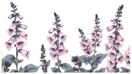 Vintage style Foxglove illustration from the 2060s, featuring dark green leaves and soft pink and purple flowers, crafted in a sketchy design © aura studio