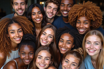 group, nine, young, adults, standing, together, smiling, warmly
