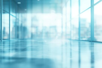 Contemporary glass corridor with reflective floor and serene atmosphere in urban office space showcasing modern architectural design and clarity