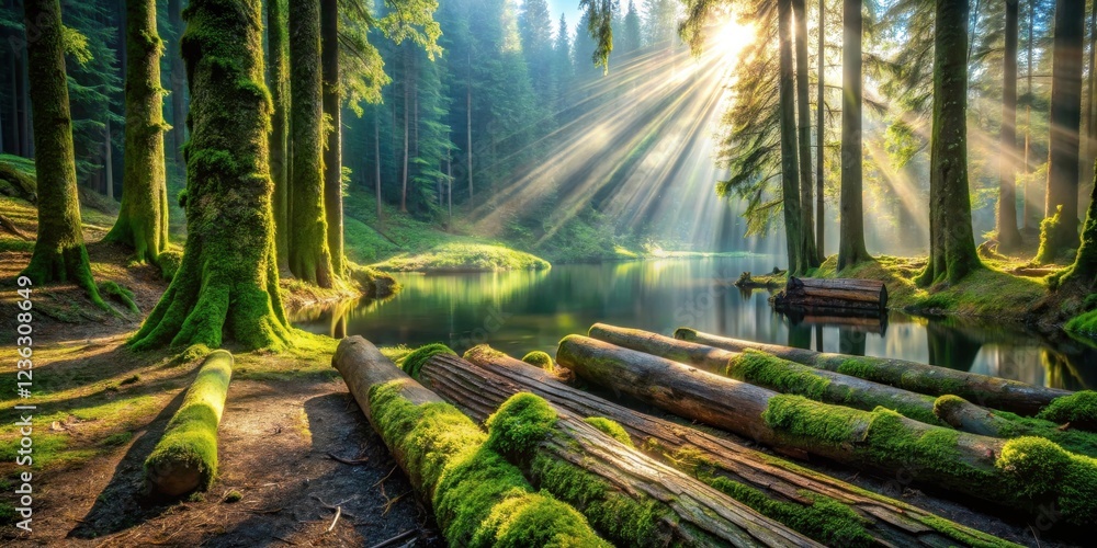 Poster sunlight streams through a dense forest, casting beams of light onto a serene lake, where mossy logs