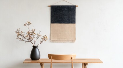 Modern minimalist home decor beige and navy woven wall hanging, wooden desk, vase