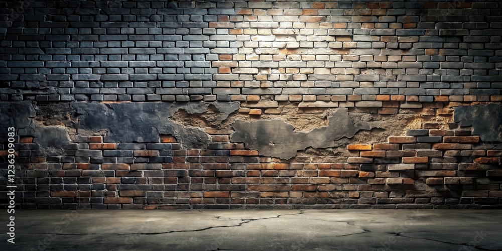 Poster a textured brick wall with a single light source casting a spotlight and a cracked concrete floor in