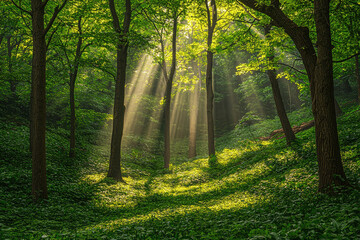 Naklejka premium Lush green forest with sunlight streaming through trees, creating serene golden rays and vibrant shadows