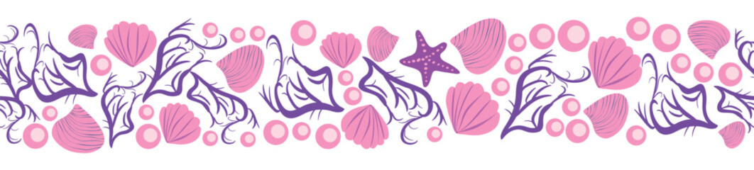 Seamless horizontal banner pattern with shells, bubbles, seaweed, fish, corals and starfish. Marine life on white background