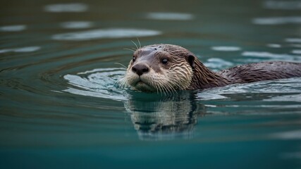 Fototapeta premium Otter swimming in teal water,wildlife photography