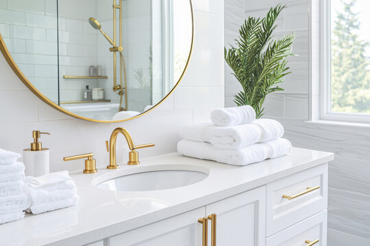 Luxurious modern bathroom vanity with gold fixtures and elegant round mirror in a bright setting