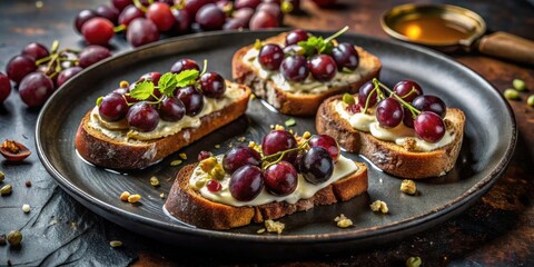 Gourmet Grape and Cream Cheese Bruschetta with a Touch of Mint on a Rustic Black Plate