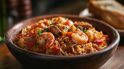 Fototapeta premium Prawns and shrimps with rice in a clay bowl. Jambalaya