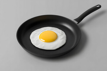 A perfectly fried sunny-side up egg in a non-stick skillet, centered on a neutral background, highlighting the simplicity and appeal of a classic breakfast.