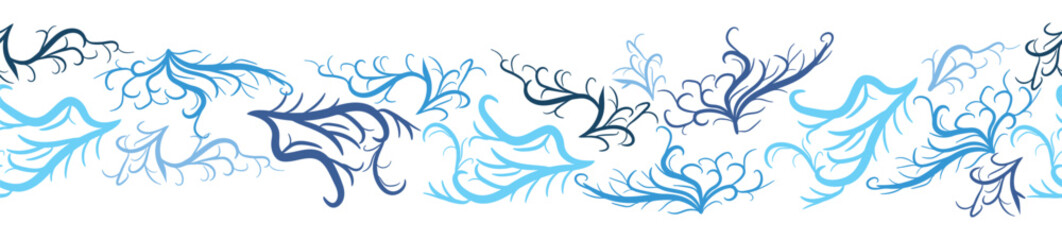 Seamless horizontal banner pattern with shells, bubbles, seaweed, fish, corals and starfish. Marine life on white background