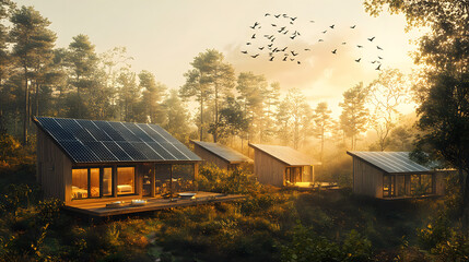 Obraz premium A tranquil solar-powered eco-resort nestled in a forest, with birds flying in the sky and solar panels providing sustainable energy for the entire resort.