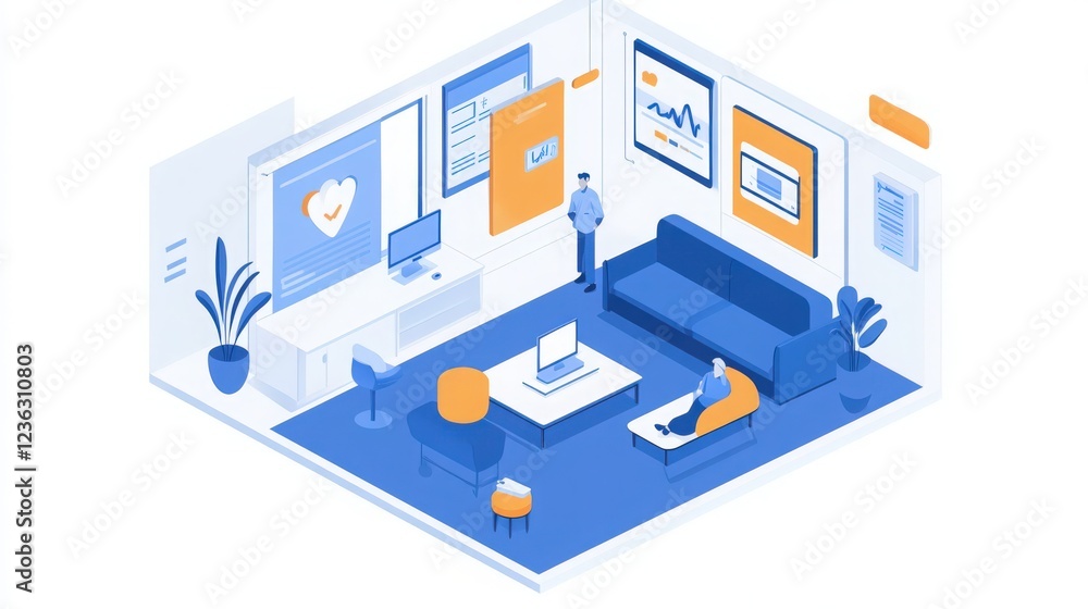 Poster isometric view of an office interior with a team using digital workspace to collaborate