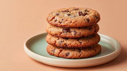 Stack of chocolate chip cookies on a plate.