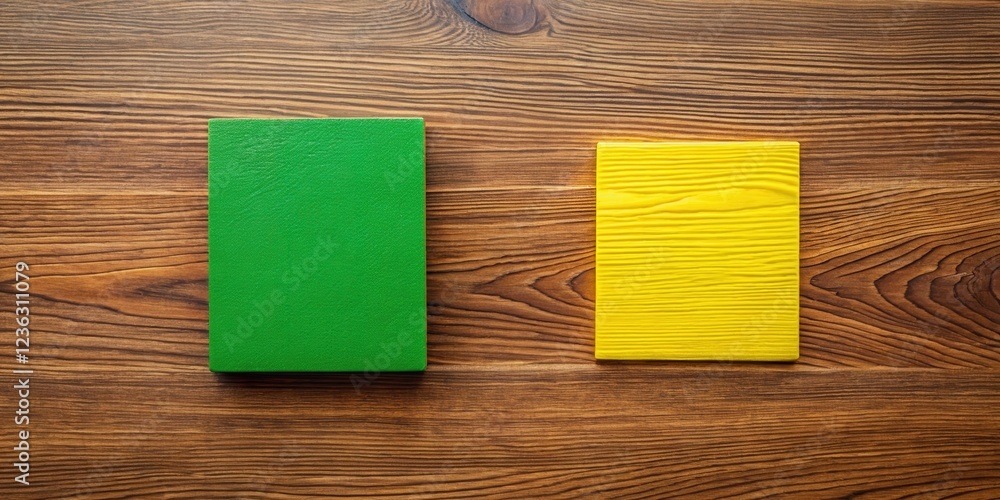 Poster Two contrasting colors positioned on a wood grain surface, creating a visual representation of contrasting ideas or opposing forces.