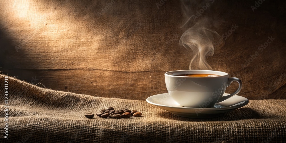 Aufkleber a steaming cup of coffee with a saucer resting on a rustic burlap background, illuminated by soft li