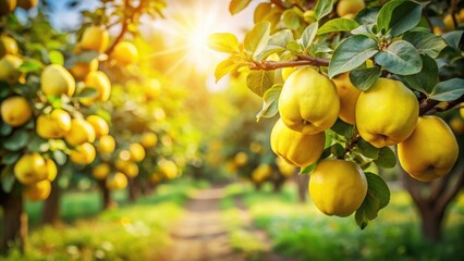 Golden Quinces Glisten in the Warm Afternoon Sun, Creating a Vibrant Orchard Scene