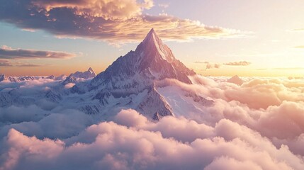 Majestic Mountain Peak Surrounded by Soft Clouds at Dawn with Stunning Sunlight
