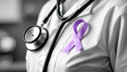 close-up of a white shirt with a pink ribbon pinned to it. The ribbon is a symbol of breast cancer awareness. On the left side of the image, there is a stethoscope resting on the shirt