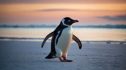 Obraz premium Penguin at Sunset on Beach