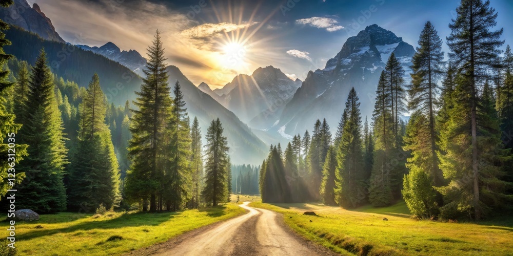 Poster sunbeams illuminating a winding path through a lush evergreen forest with majestic mountain peaks in