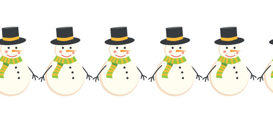 Merry Christmas seamless horizontal banner with candles, gnomes, Christmas wreath, snowman, mittens, cocoa mug. Flat illustration