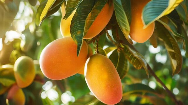 ripe mangoes hanging from a tree in warm sunlight. tropical mangoes glistening on a tree with dappled light. a close-up view of ripe mangoes surrounded by lush green leaves.