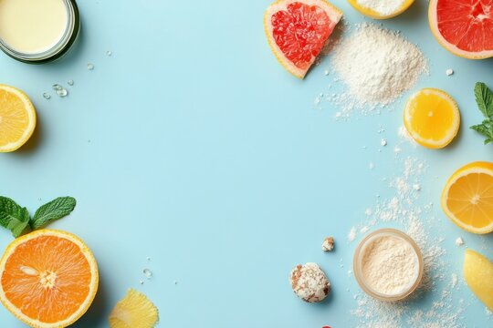 Citrus Fruits and Baking Ingredients on Blue Background