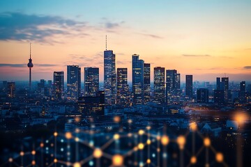 Obraz premium A city skyline at sunset with illuminated buildings and a communication tower.