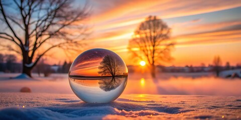 Obraz premium A crystalline sphere captures the serene beauty of a winter sunset, reflecting the tranquil landscape and the fiery hues of the sky.