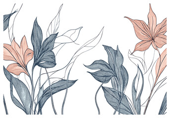 Abstract luxury background with botanical elements, exotic flowers in line art style, perfect for interior design, wallpaper, and print.