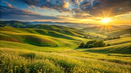 Fototapeta premium Serene Sunset Over Rolling Green Hills and Wildflowers