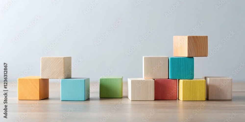 Poster Colorful Wooden Blocks Arranged in a Unique Structure, Representing Growth, Progress, and Building a Foundation