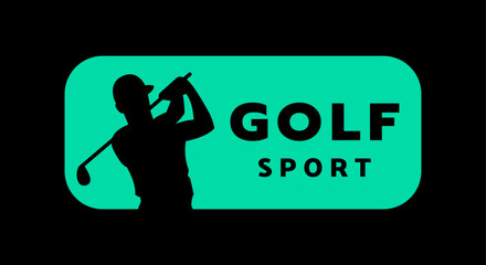 Silhouette of a man playing golf, logo, emblem on a dark background.
