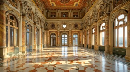 Obraz premium Sunlit palace hall, marble floor, arched windows, mountain view, event venue