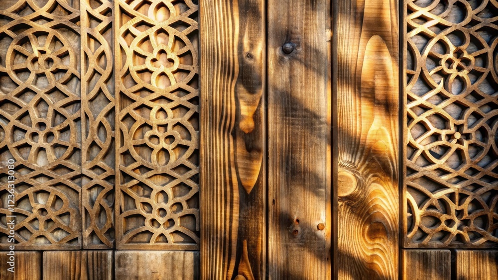 Poster intricate wooden latticework panels adorn a rustic wooden wall in a striking contrast of texture and